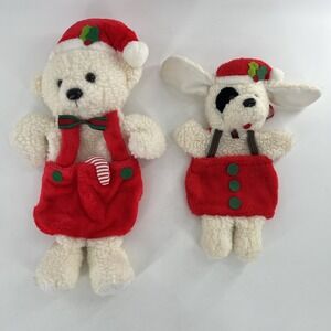 2 Vintage Rennoc Santas Best Hang'n Stuff Christmas Stockings 3D Plush Pup, Bear